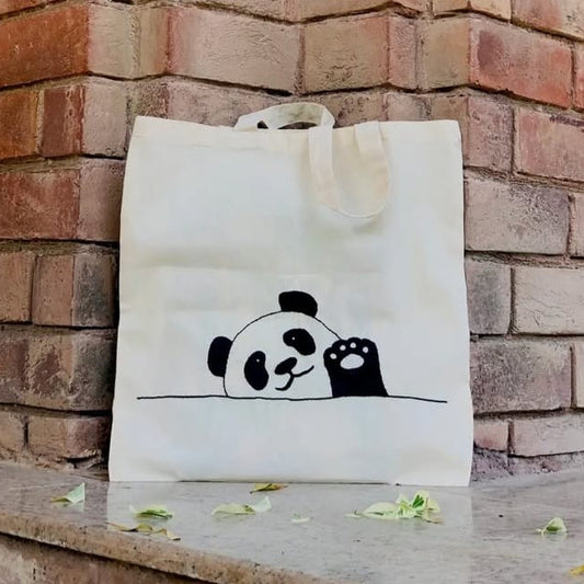 Embroidered Panda Peek Tote Bag